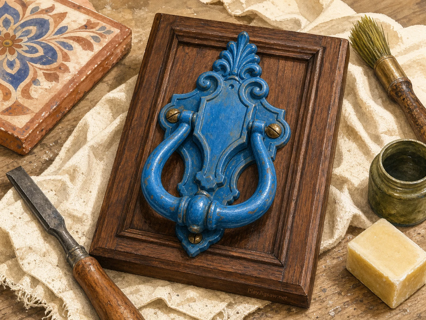 An azure-painted antique door knocker mounted on a walnut door panel on a restoration workbench with aged brass screws, cream dust cloth, terracotta tile sample, graphite chisel, olive patina brush, and ivory wax block