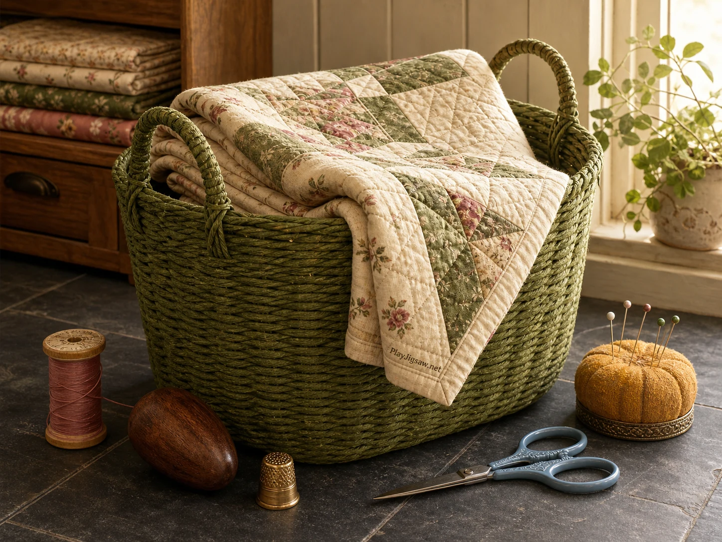 A moss-green quilt basket in a cozy sewing nook with folded warm-cream quilt, rose thread spool, walnut darning egg, brass thimble, powder-blue scissors, ochre pincushion, and charcoal floor tile