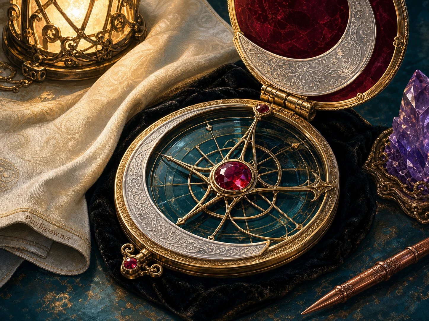 A ruby moon compass-like astrolabe on a fantasy navigator table with moon-silver crescent ring, deep teal glass inset, antique-gold hinge, ivory cloth, black velvet pad, violet crystal, and copper stylus
