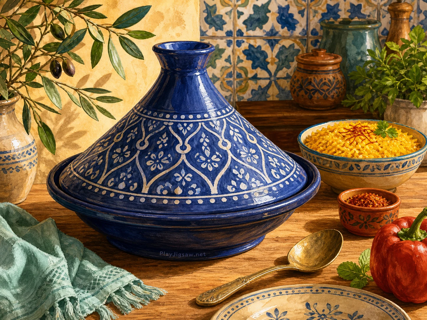 An indigo ceramic tagine pot on a warm kitchen counter with saffron rice bowl, terracotta spice cup, mint cloth, ivory plate, brass spoon, tomato-red pepper, and olive branch