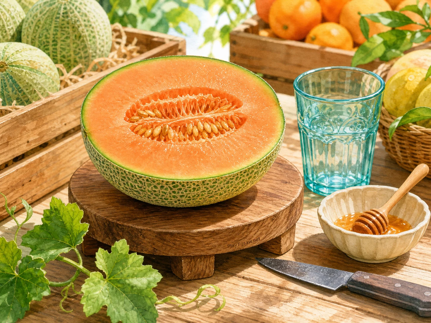 A coral-fleshed melon half on a small wooden stand at a sunny fruit stall counter with melon-green rind, cream ceramic bowl, aqua glass, honey spoon, leaf-green vine, warm wood crate, and graphite paring knife