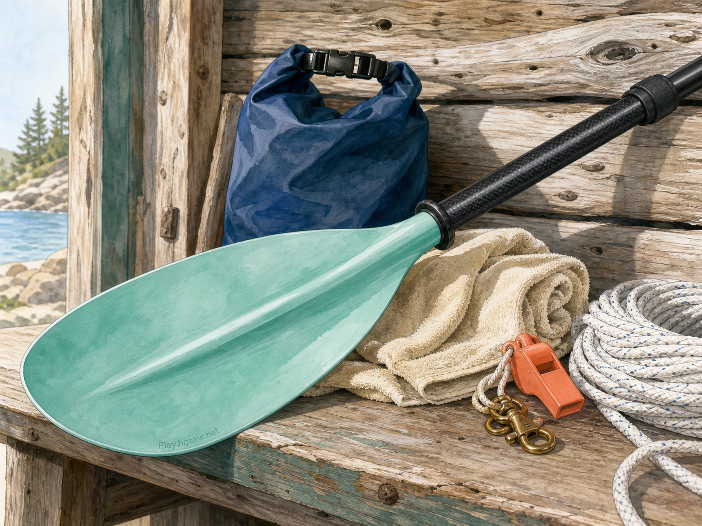 A seafoam kayak paddle on a boat shed bench with navy dry bag, coral safety whistle, sand-colored towel, black carbon shaft, brass clip, white rope coil, and driftwood wall