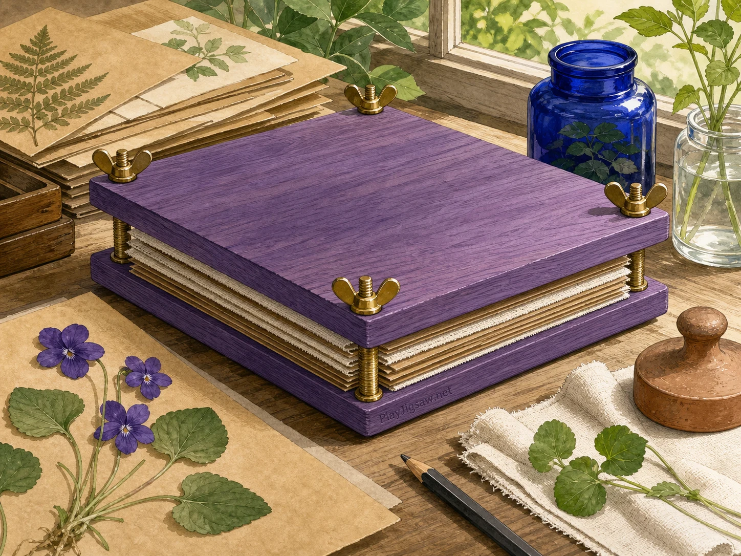 A violet wooden plant press on a botany worktable with kraft paper sheets, leaf-green specimens, ivory linen, brass wing nuts, cobalt glass jar, clay weight, and graphite pencil