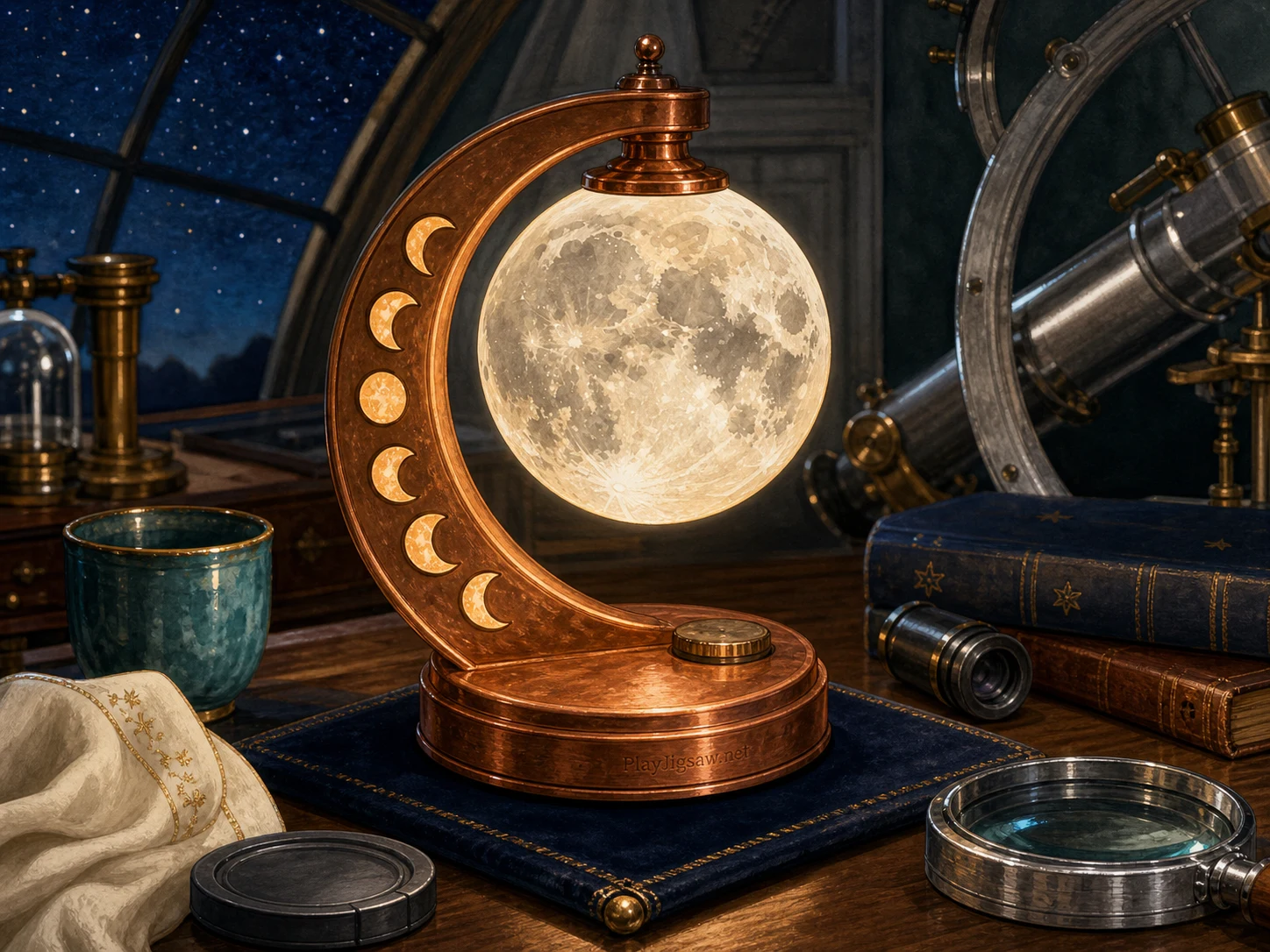 A copper moon-phase lamp on an observatory reading desk with moon-white glass globe, midnight-blue velvet pad, amber bulb glow, graphite lens cap, teal ceramic cup, ivory cloth, and silver telescope ring
