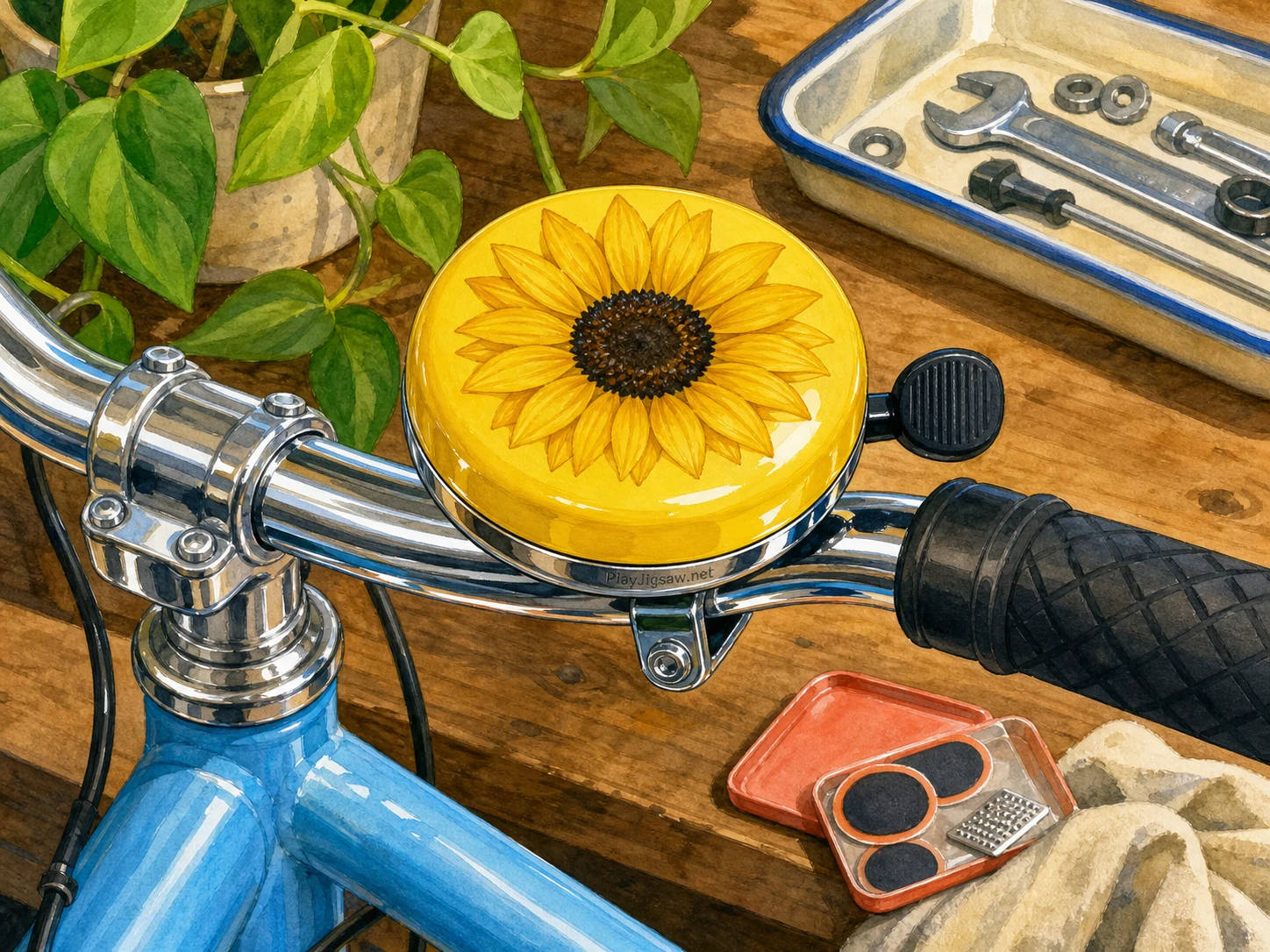 A sunflower-yellow bicycle bell on a bicycle repair bench with chrome handlebar segment, sky-blue frame tube, black rubber grip, coral patch kit, cream rag, leaf-green plant, and walnut bench
