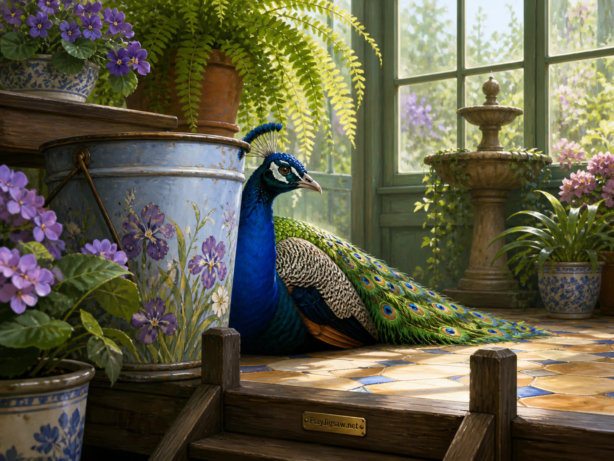 Garden Peacock sheltering behind painted feed bucket in a sunlit conservatory corner, with layered scenery and bright diffused window light.