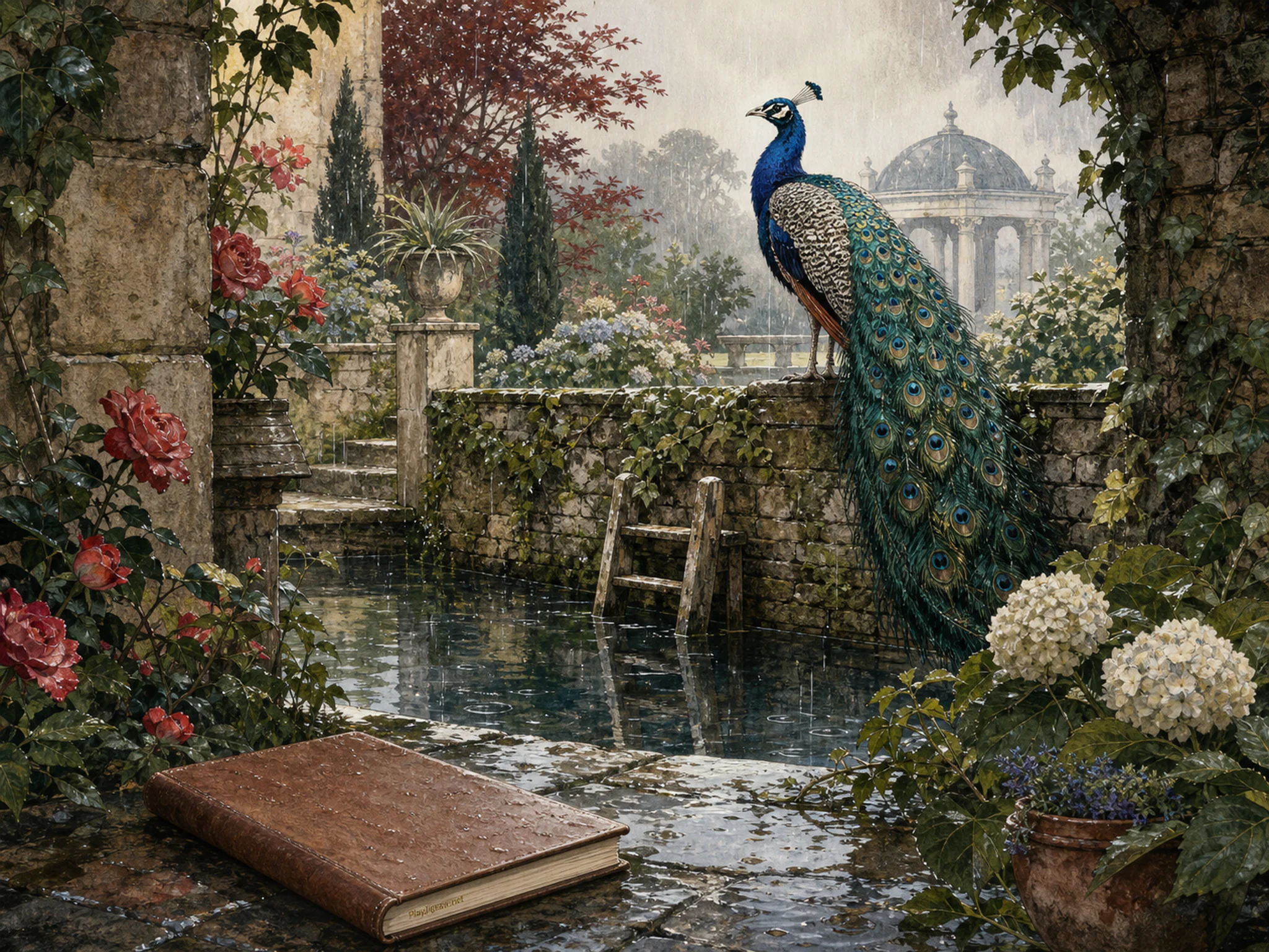 Garden Peacock perching above small dock ladder in a layered garden wall, with layered scenery and gentle rain with crisp reflections.