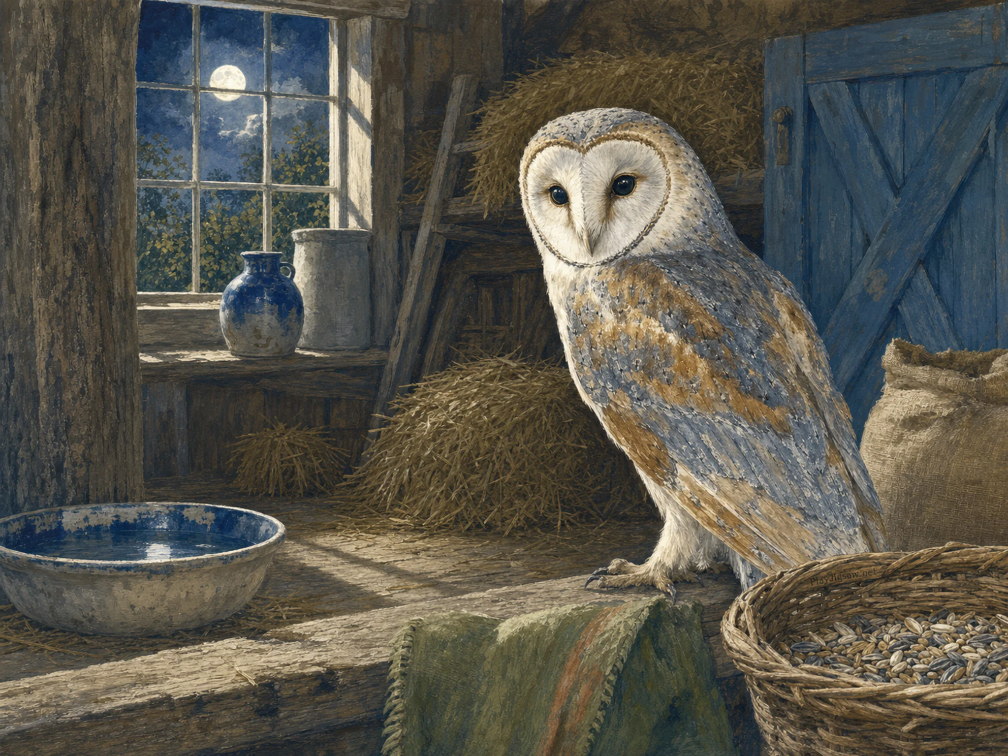 Moonlit Owl foraging around ceramic water bowl in a working red barn, with layered scenery and bright diffused window light.