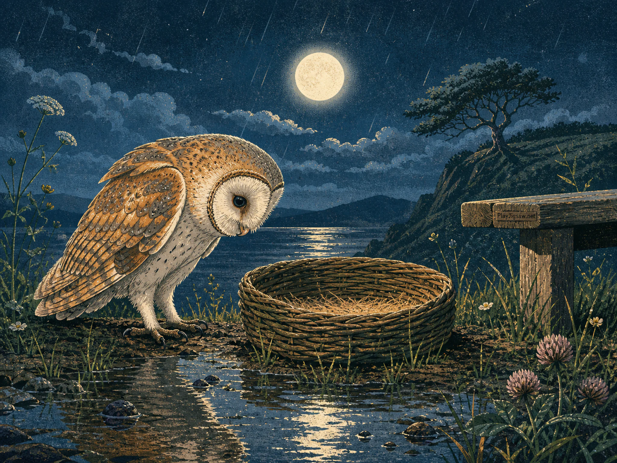 Moonlit Owl curiously inspecting woven resting basket in a flower meadow edge, with layered scenery and gentle rain with crisp reflections.