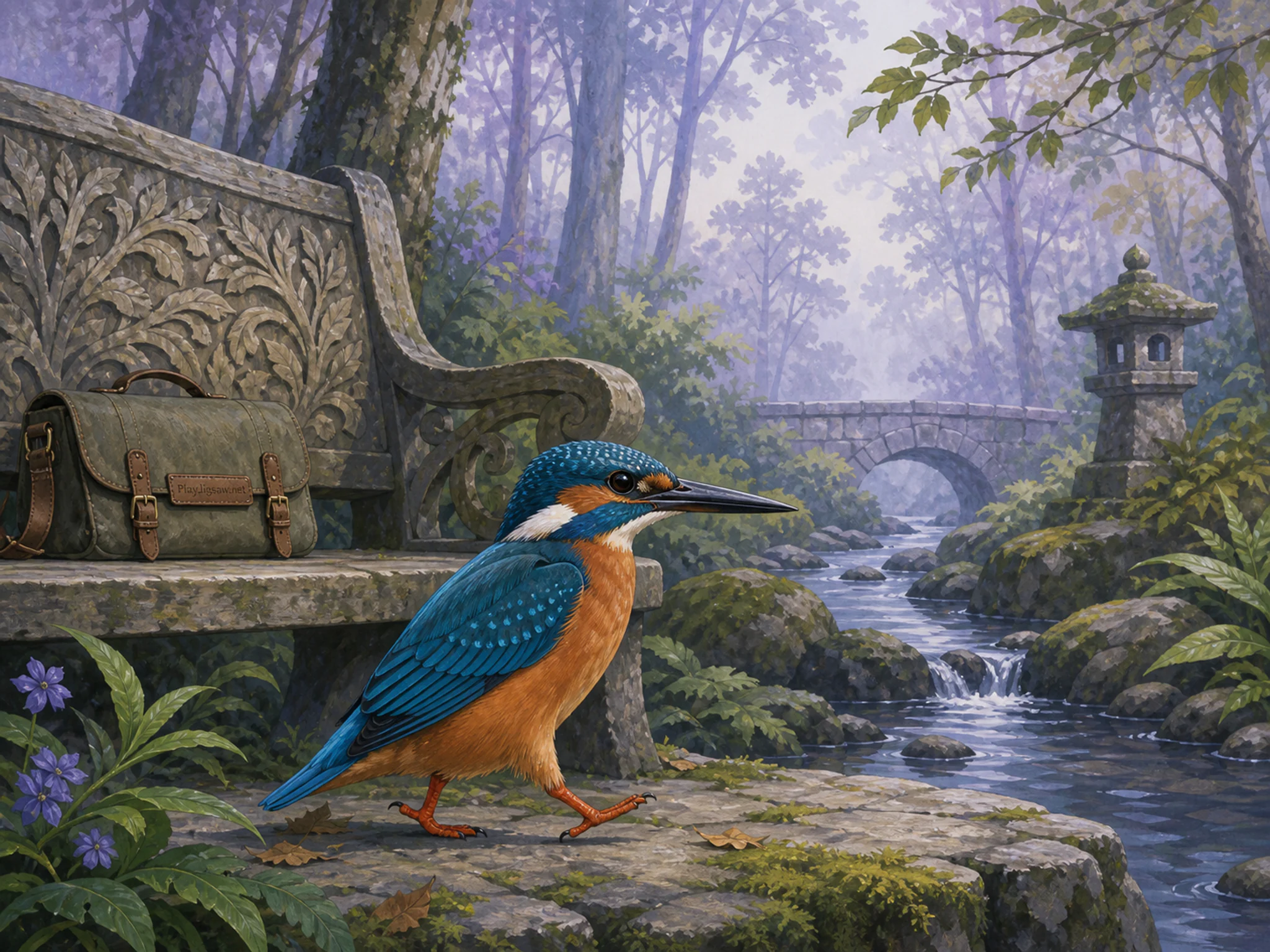 Pond Kingfisher walking past carved garden bench in a misty woodland creek, with layered scenery and soft overcast afternoon.