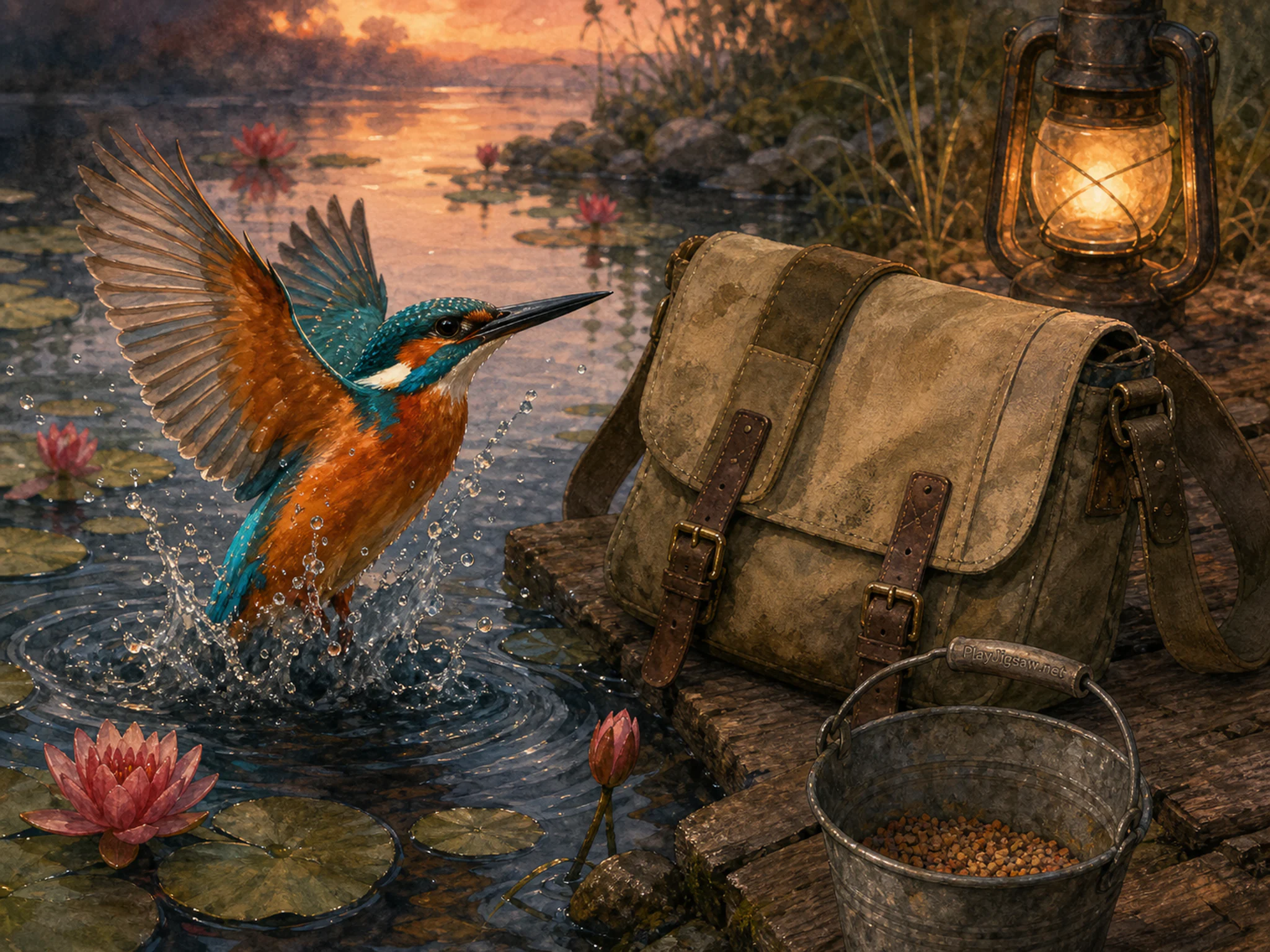 Pond Kingfisher emerging beside canvas ranger satchel in a quiet lily pond, with layered scenery and golden lamplight at dusk.