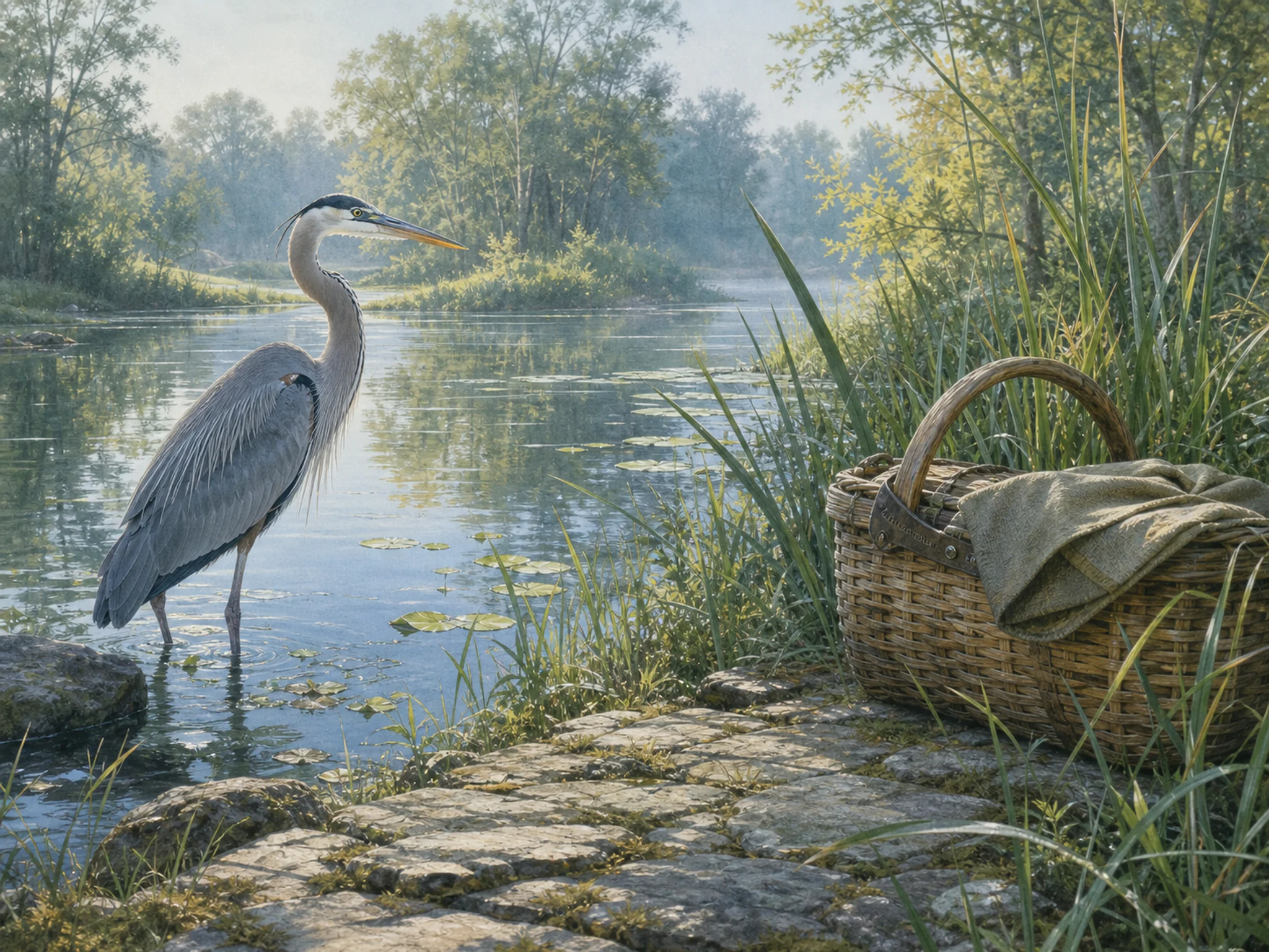 riverside heron appearing naturally beside a wicker field basket in a familiar riverside pond with a heron, reeds and a stone path, with familiar objects and clear early-morning.