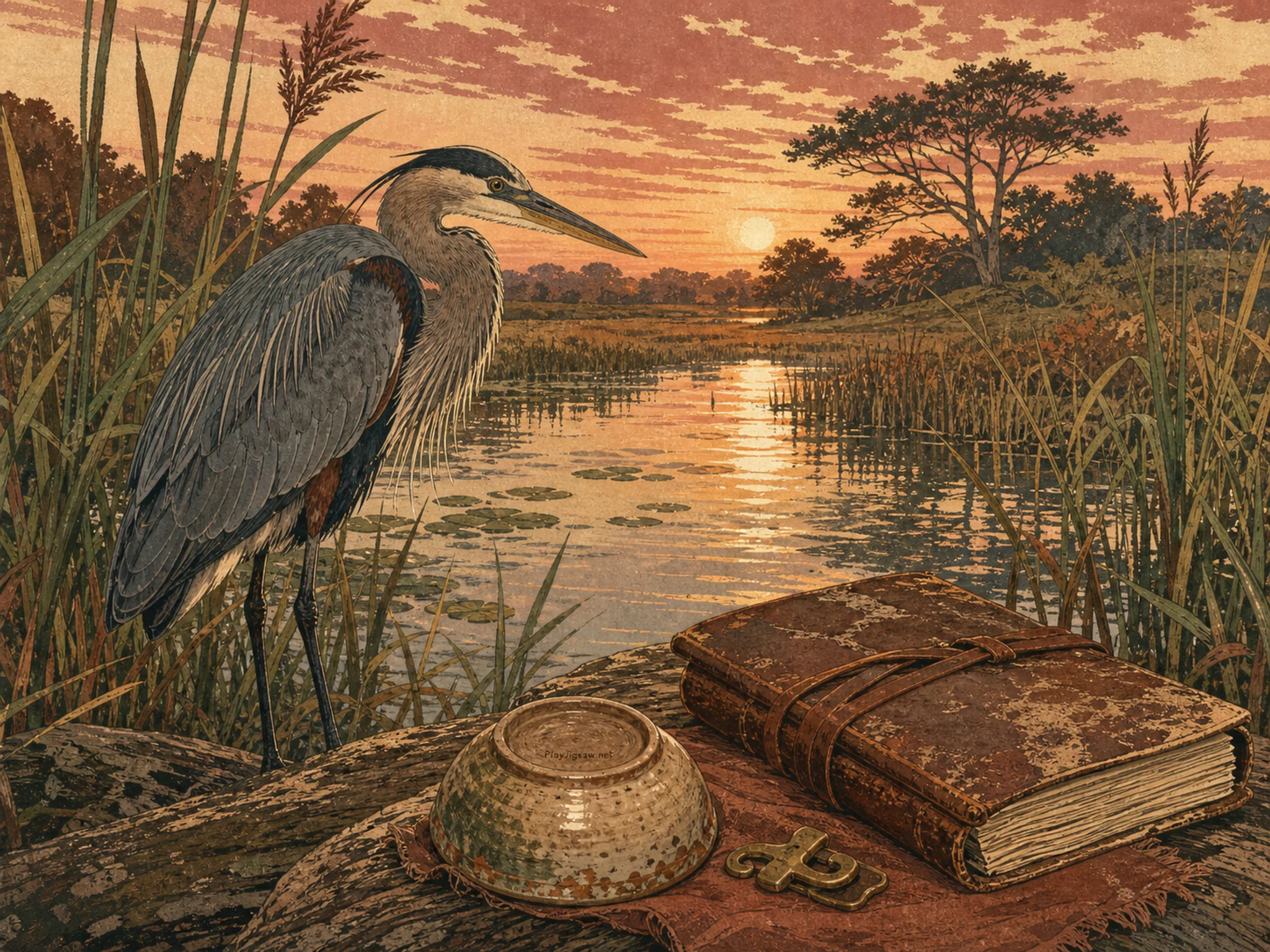 Riverside Heron watching reflections near weathered field journal in a reed-lined wetland, with layered scenery and golden lamplight at dusk.
