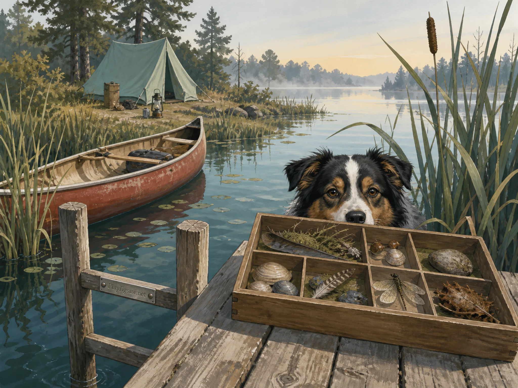 Camping Dog sheltering behind wooden specimen tray in a reed-lined wetland, with layered scenery and calm misty dawn.