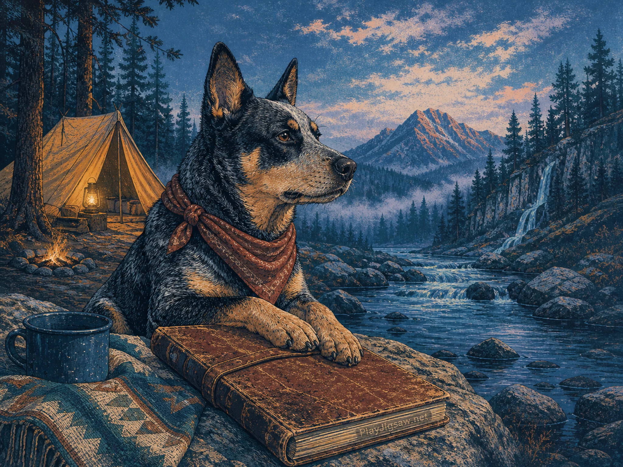 Camping Dog perching above weathered field journal in a misty woodland creek, with layered scenery and cool blue-hour light.