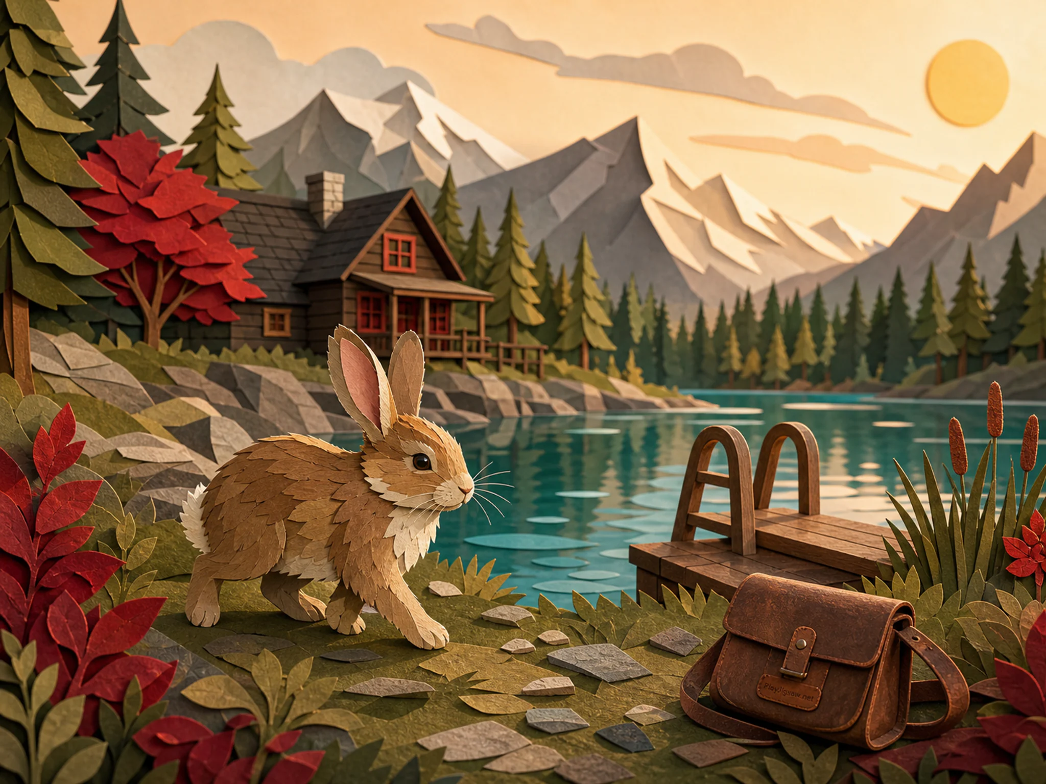 Garden Rabbit walking past small dock ladder in a mountain forest refuge, with layered scenery and warm late-day sunlight.