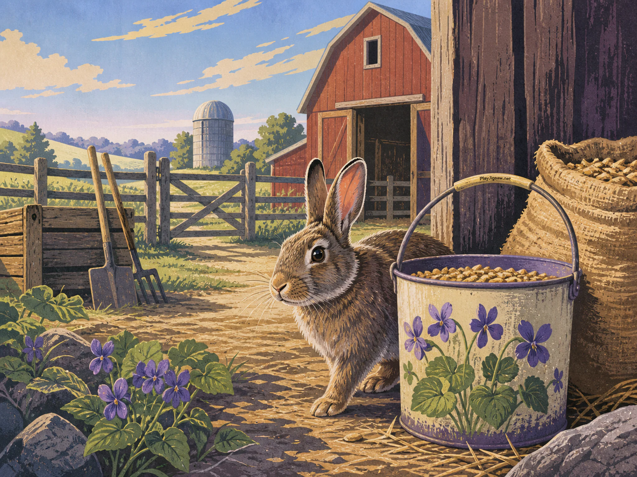 Garden Rabbit emerging beside painted feed bucket in a working red barn, with layered scenery and clear early morning light.