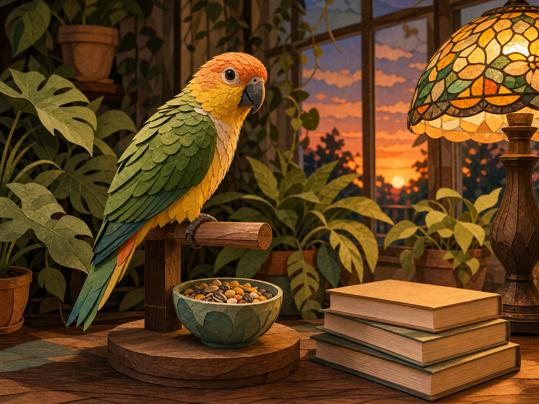 parlor parrot appearing naturally beside a ceramic seed bowl in a home conservatory corner with a parlor parrot perch, with familiar objects and warm lamplight at dusk.