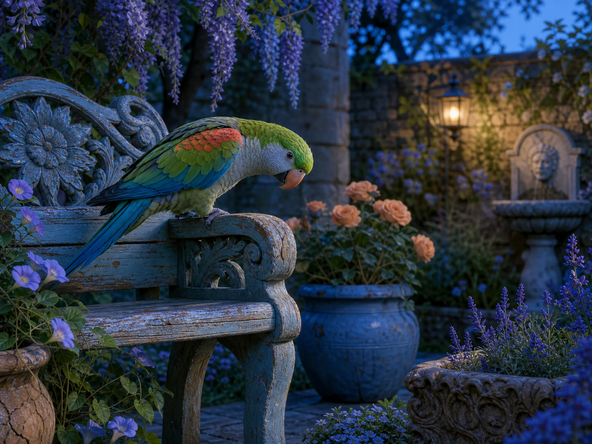 Parlor Parrot curiously inspecting carved garden bench in a layered garden wall, with layered scenery and cool blue-hour light.