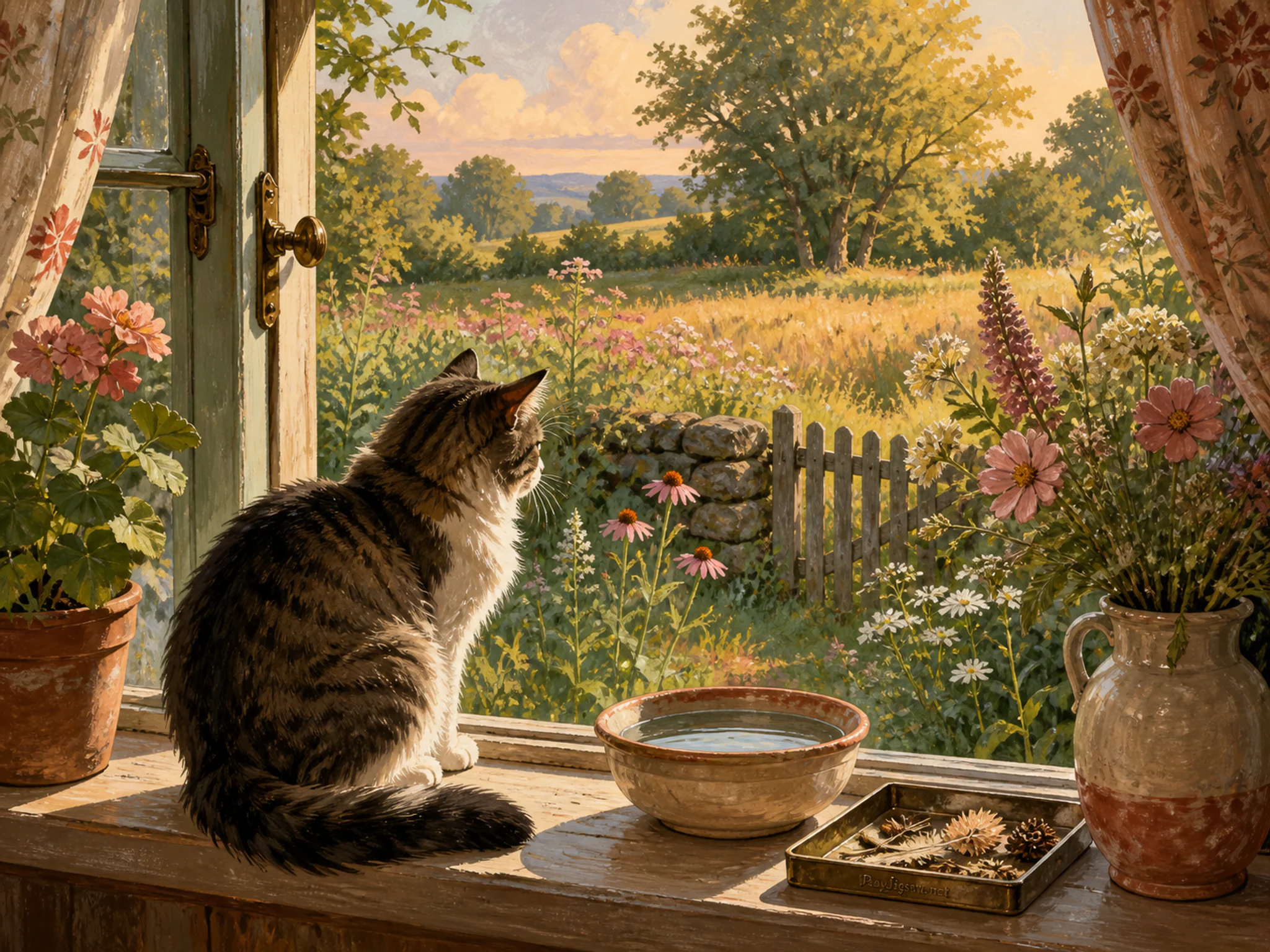 Window Cat watching reflections near ceramic water bowl in a flower meadow edge, with layered scenery and warm late-day sunlight.