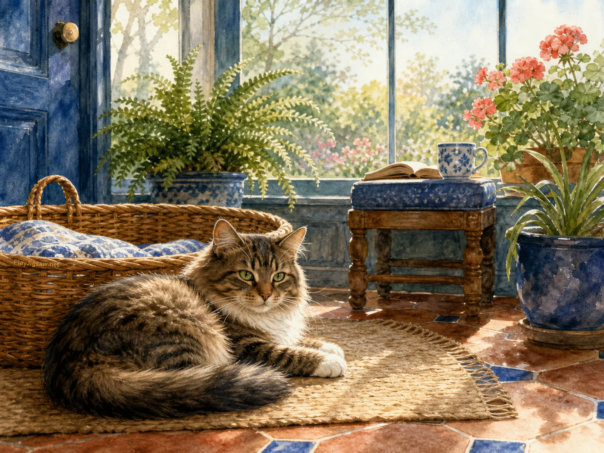 Window Cat resting beside woven resting basket in a sunlit conservatory corner, with layered scenery and clear early morning light.