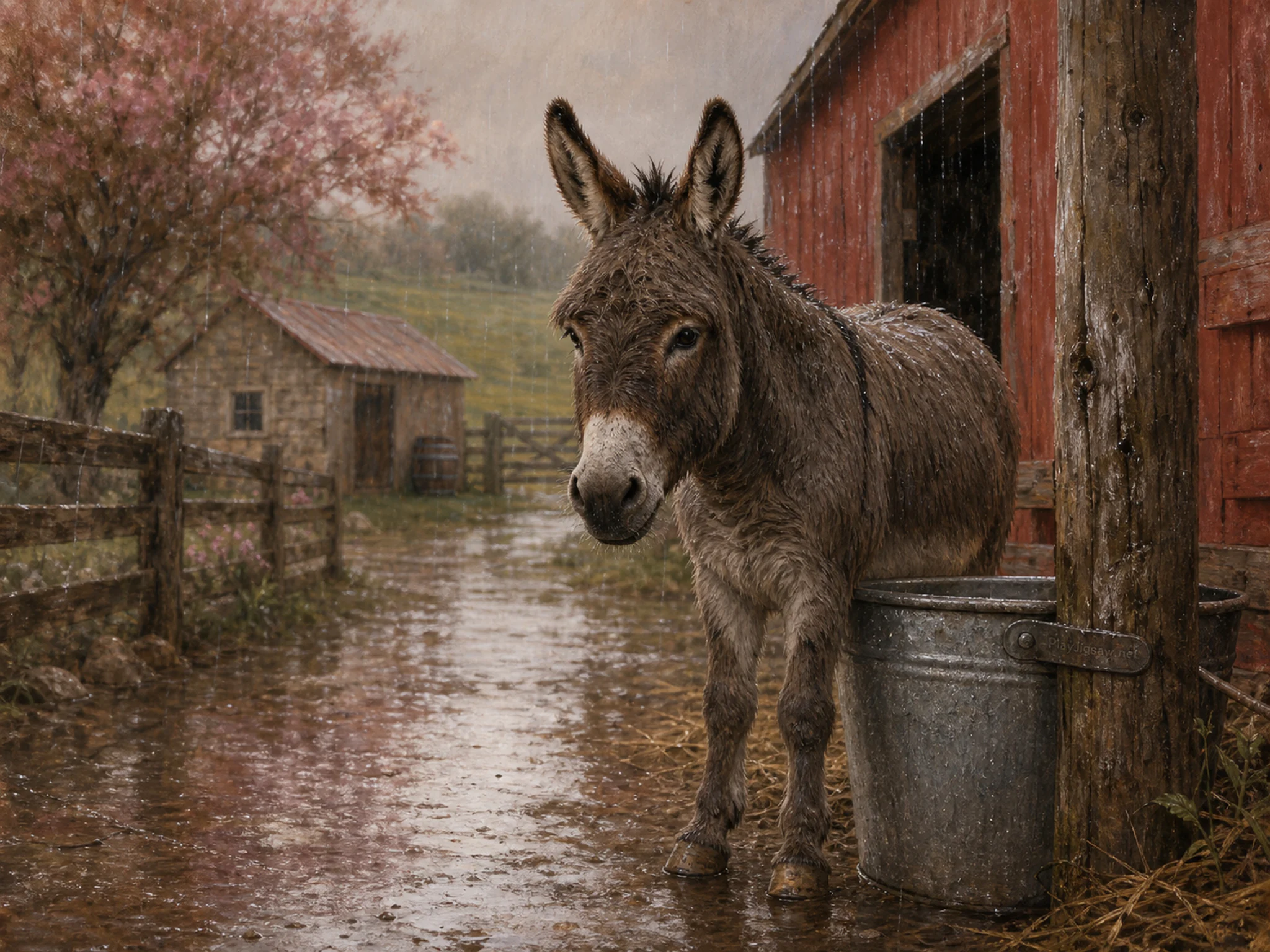 barnyard donkey appearing naturally beside a galvanized feed bucket in a quiet farmyard beside a red barn and a barnyard donkey, with familiar objects and gentle rain with crisp.