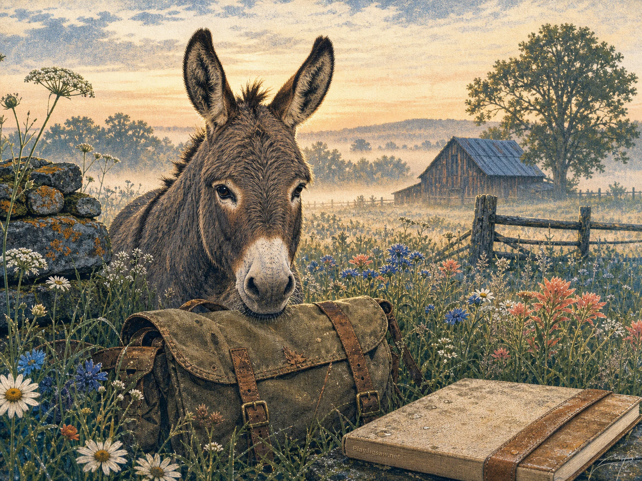 Barnyard Donkey perching above canvas ranger satchel in a flower meadow edge, with layered scenery and calm misty dawn.