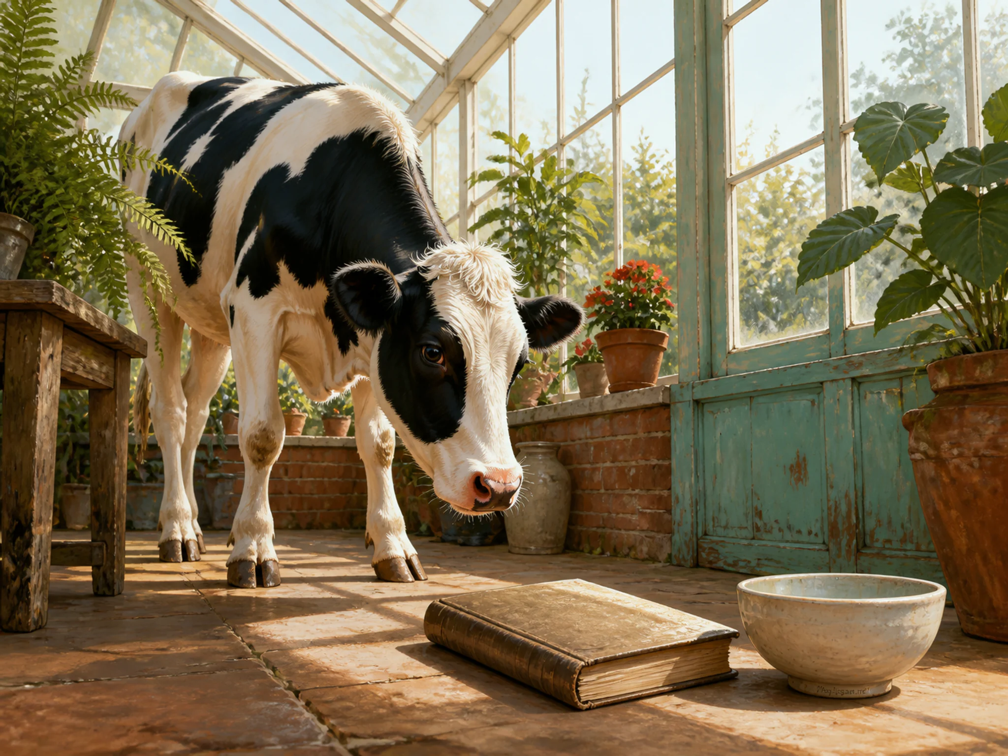 Dairy Cow curiously inspecting weathered field journal in a sunlit conservatory corner, with layered scenery and clear early morning light.