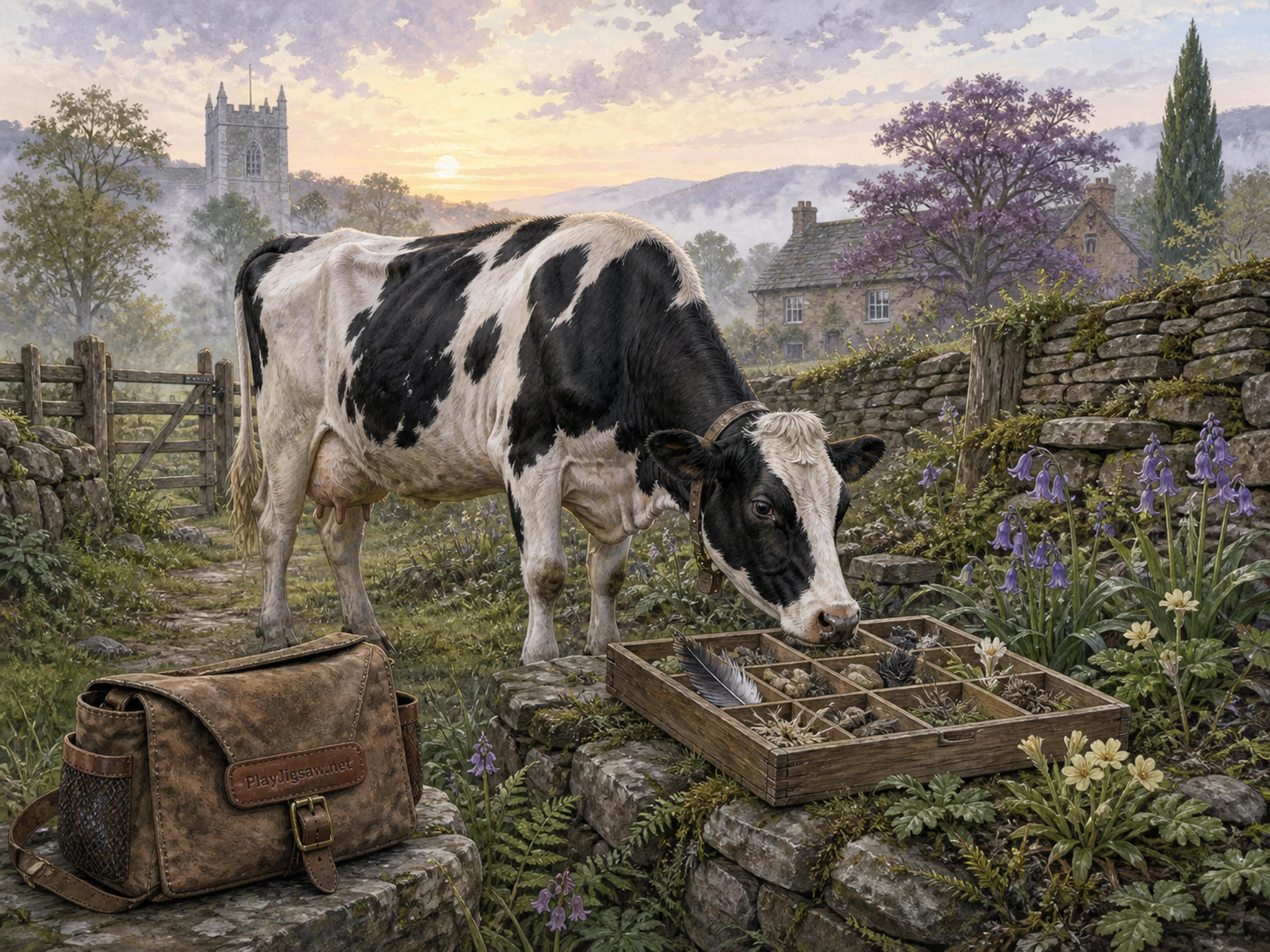 Dairy Cow foraging around wooden specimen tray in a layered garden wall, with layered scenery and calm misty dawn.