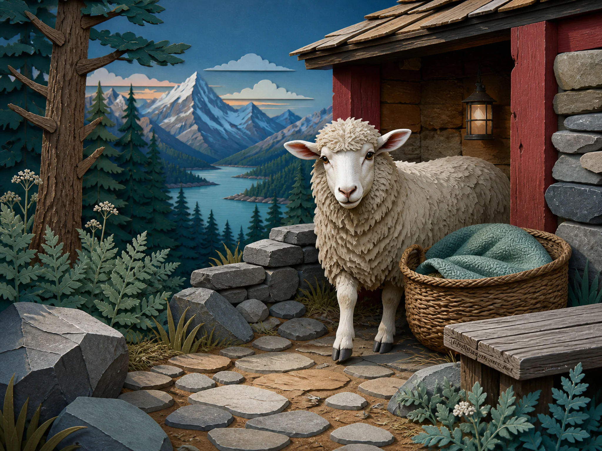 Highland Sheep emerging beside woven resting basket in a mountain forest refuge, with layered scenery and cool blue-hour light.