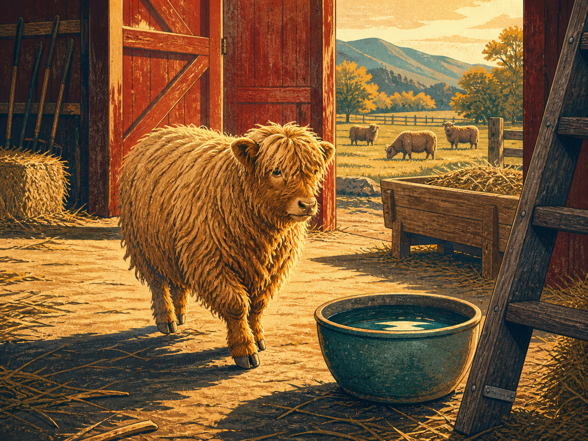 Highland Sheep walking past ceramic water bowl in a working red barn, with layered scenery and warm late-day sunlight.