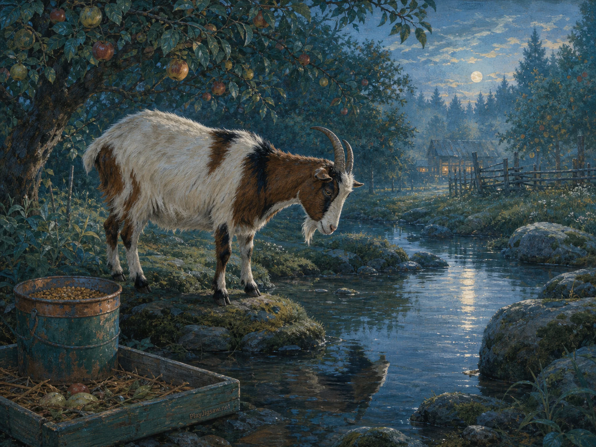 Orchard Goat watching reflections near painted feed bucket in a misty woodland creek, with layered scenery and cool blue-hour light.