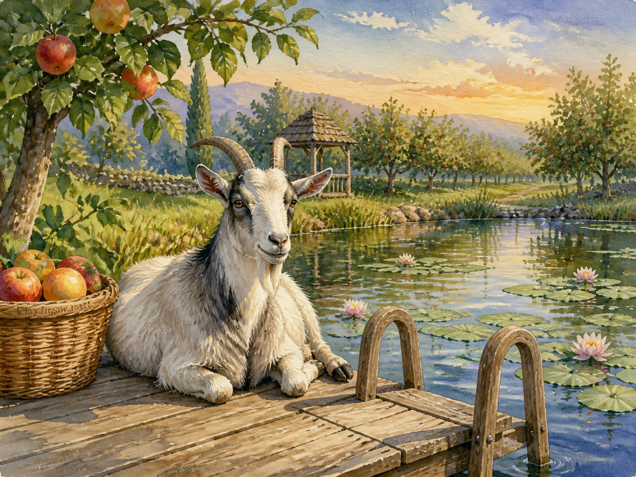 Orchard Goat resting beside small dock ladder in a quiet lily pond, with layered scenery and warm late-day sunlight.