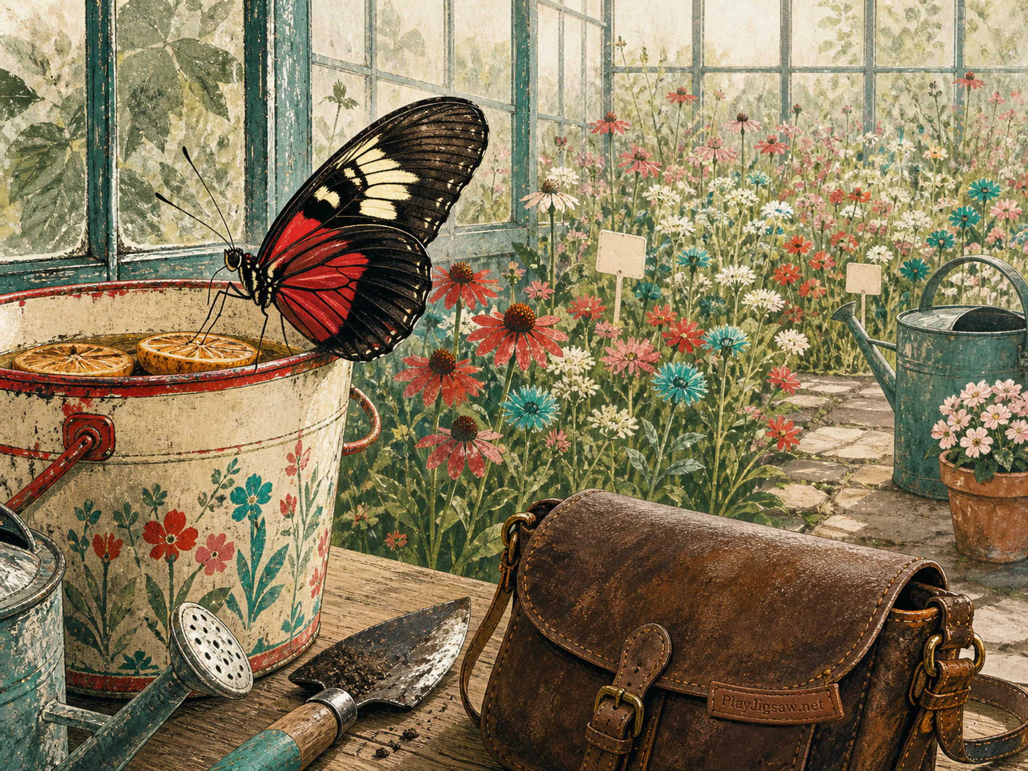 Glasshouse Butterfly foraging around painted feed bucket in a flower meadow edge, with layered scenery and bright diffused window light.