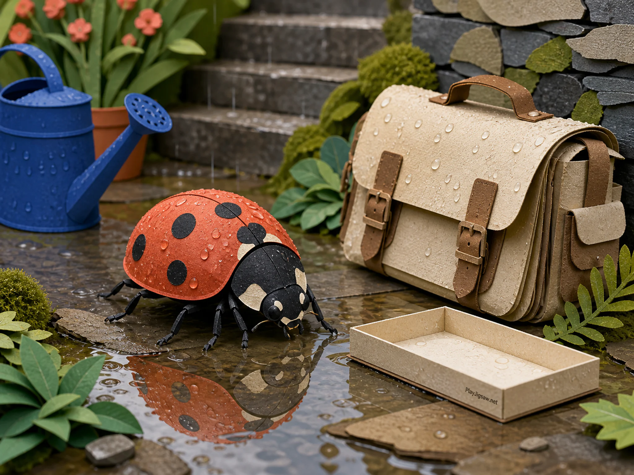 Meadow Ladybug watching reflections near canvas ranger satchel in a layered garden wall, with layered scenery and gentle rain with crisp reflections.