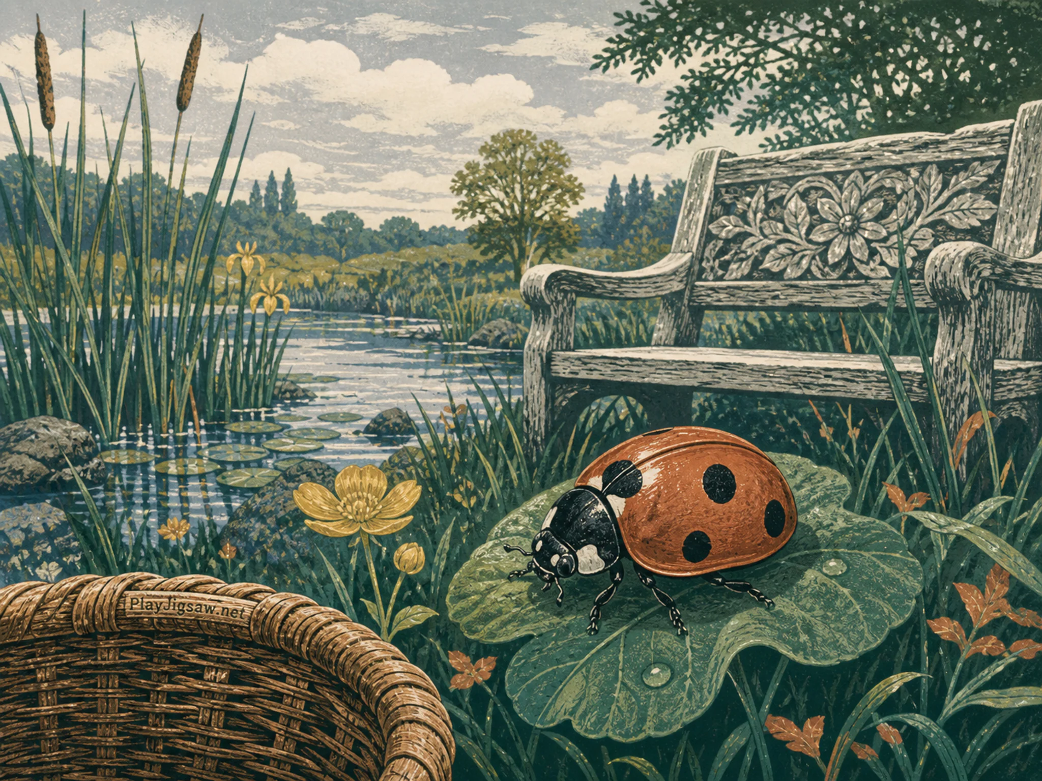 Meadow Ladybug resting beside carved garden bench in a reed-lined wetland, with layered scenery and soft overcast afternoon.