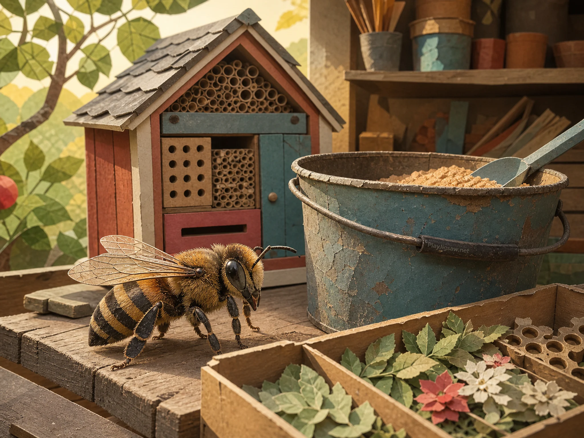 orchard bee appearing naturally beside a weathered feed bucket in a small orchard bee shed beside a wooden specimen tray, with familiar objects and golden kitchen-window light.