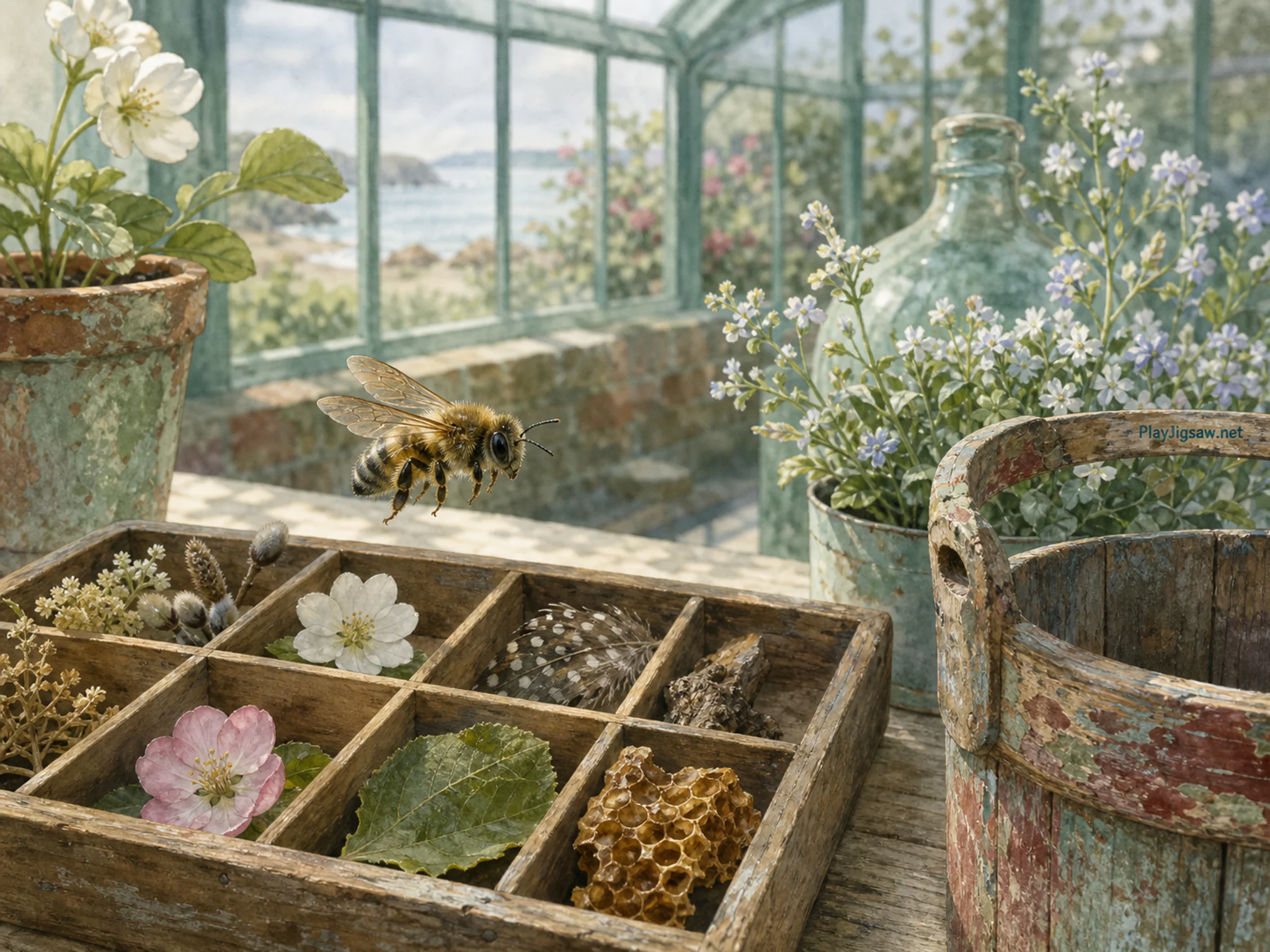 Orchard Bee emerging beside wooden specimen tray in a sunlit conservatory corner, with layered scenery and soft overcast afternoon.