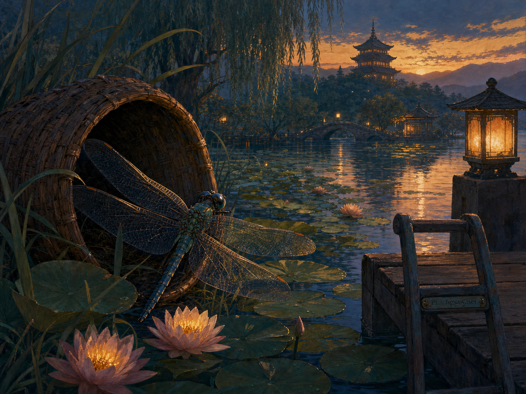 Pond Dragonfly sheltering behind woven resting basket in a quiet lily pond, with layered scenery and golden lamplight at dusk.