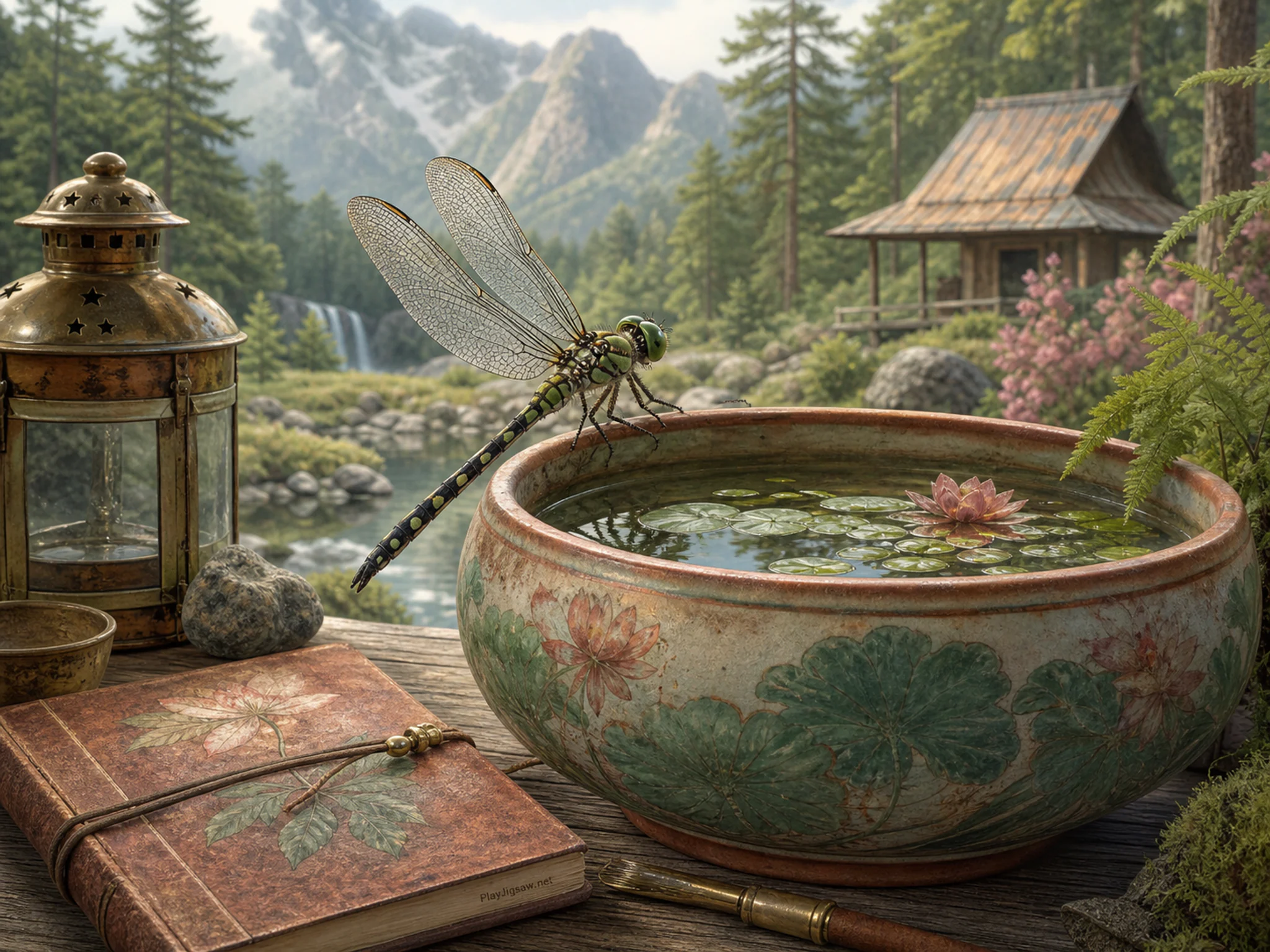 Pond Dragonfly perching above ceramic water bowl in a mountain forest refuge, with layered scenery and bright diffused window light.