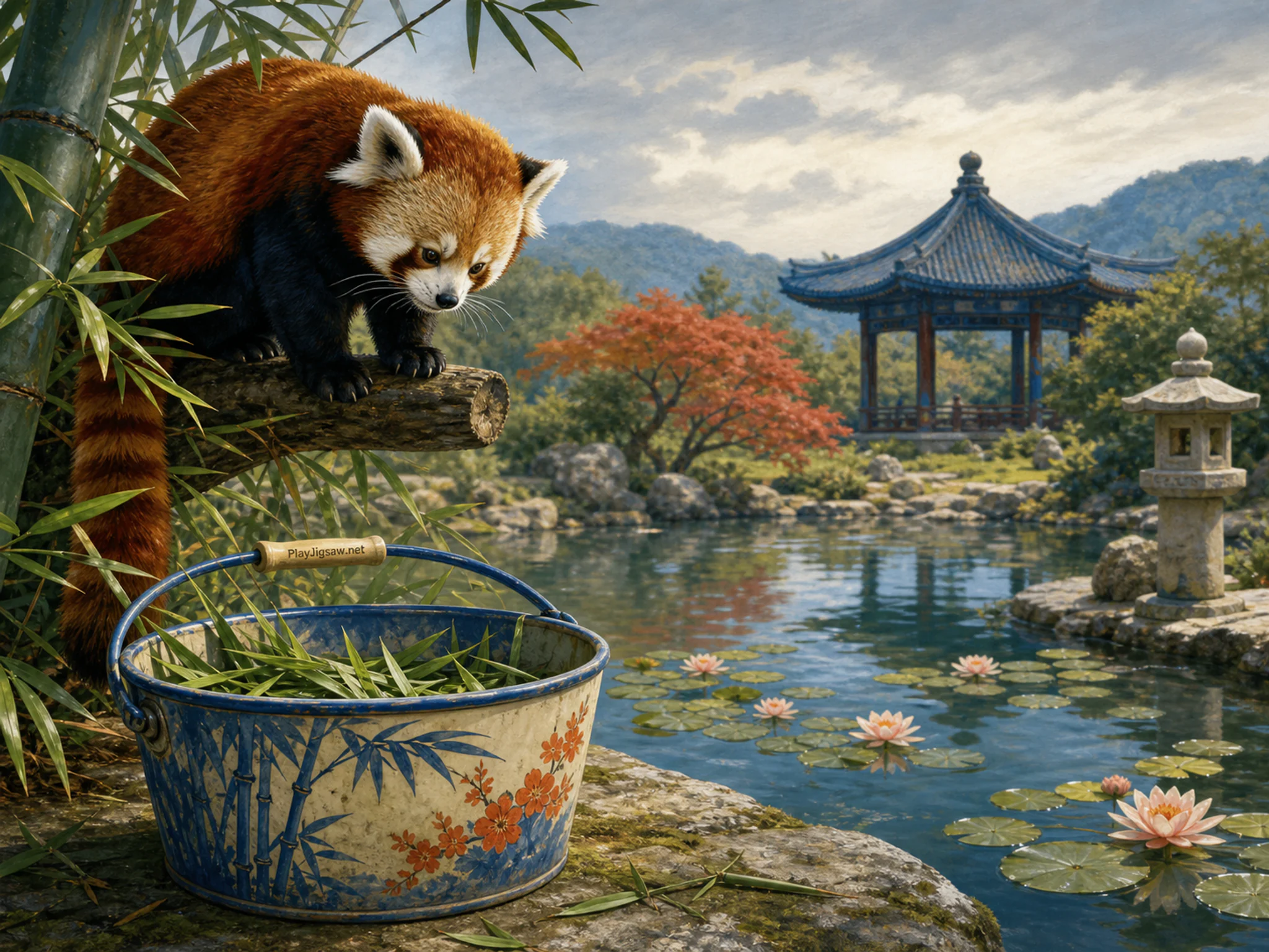 Bamboo Red Panda perching above painted feed bucket in a quiet lily pond, with layered scenery and soft overcast afternoon.