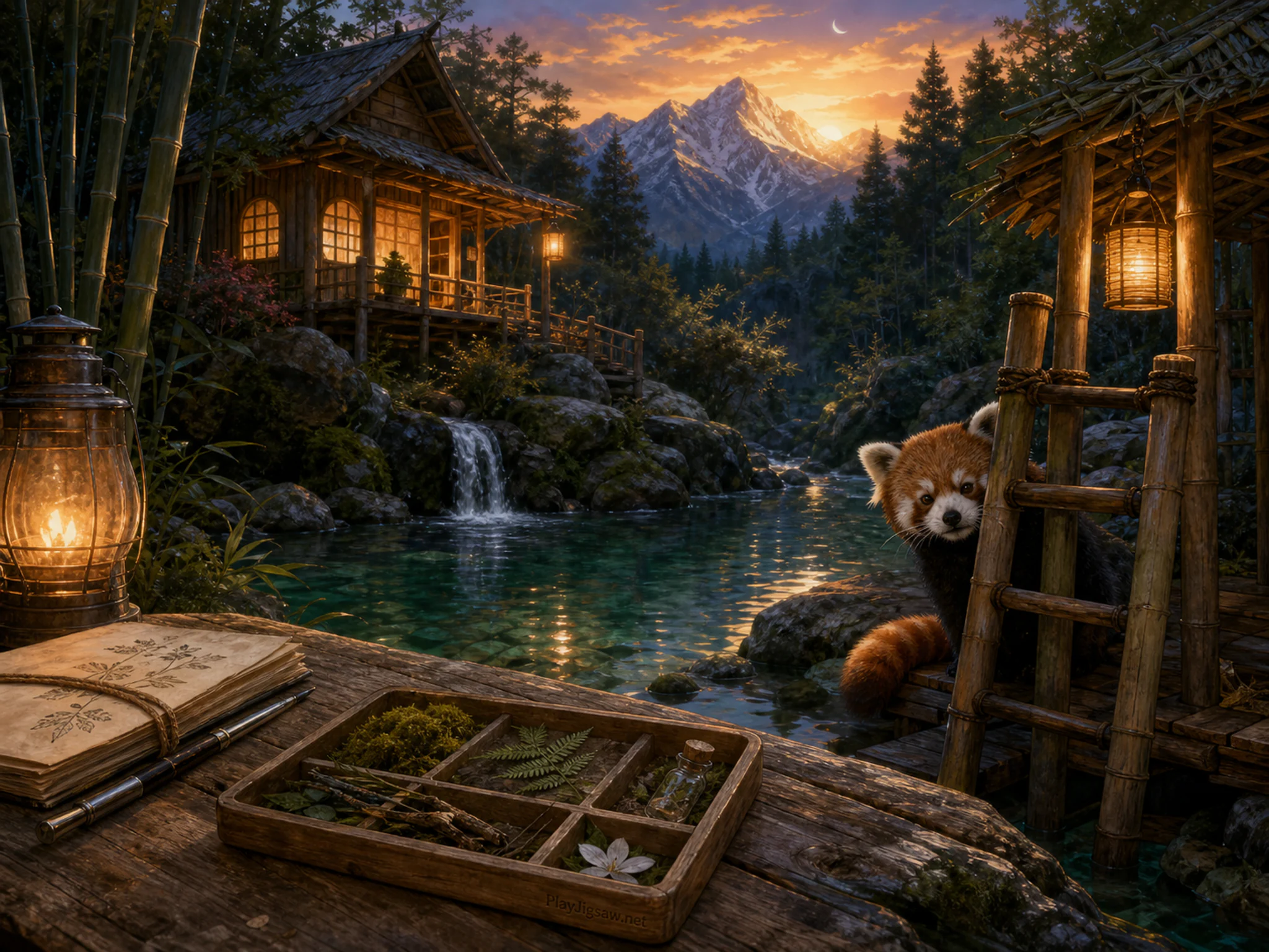 Bamboo Red Panda sheltering behind small dock ladder in a mountain forest refuge, with layered scenery and golden lamplight at dusk.