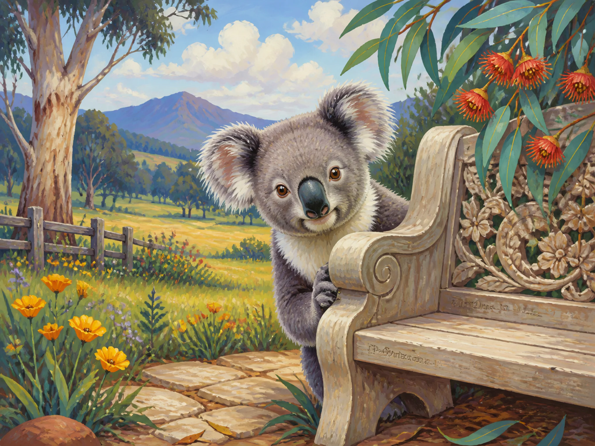 Eucalyptus Koala emerging beside carved garden bench in a flower meadow edge, with layered scenery and bright diffused window light.