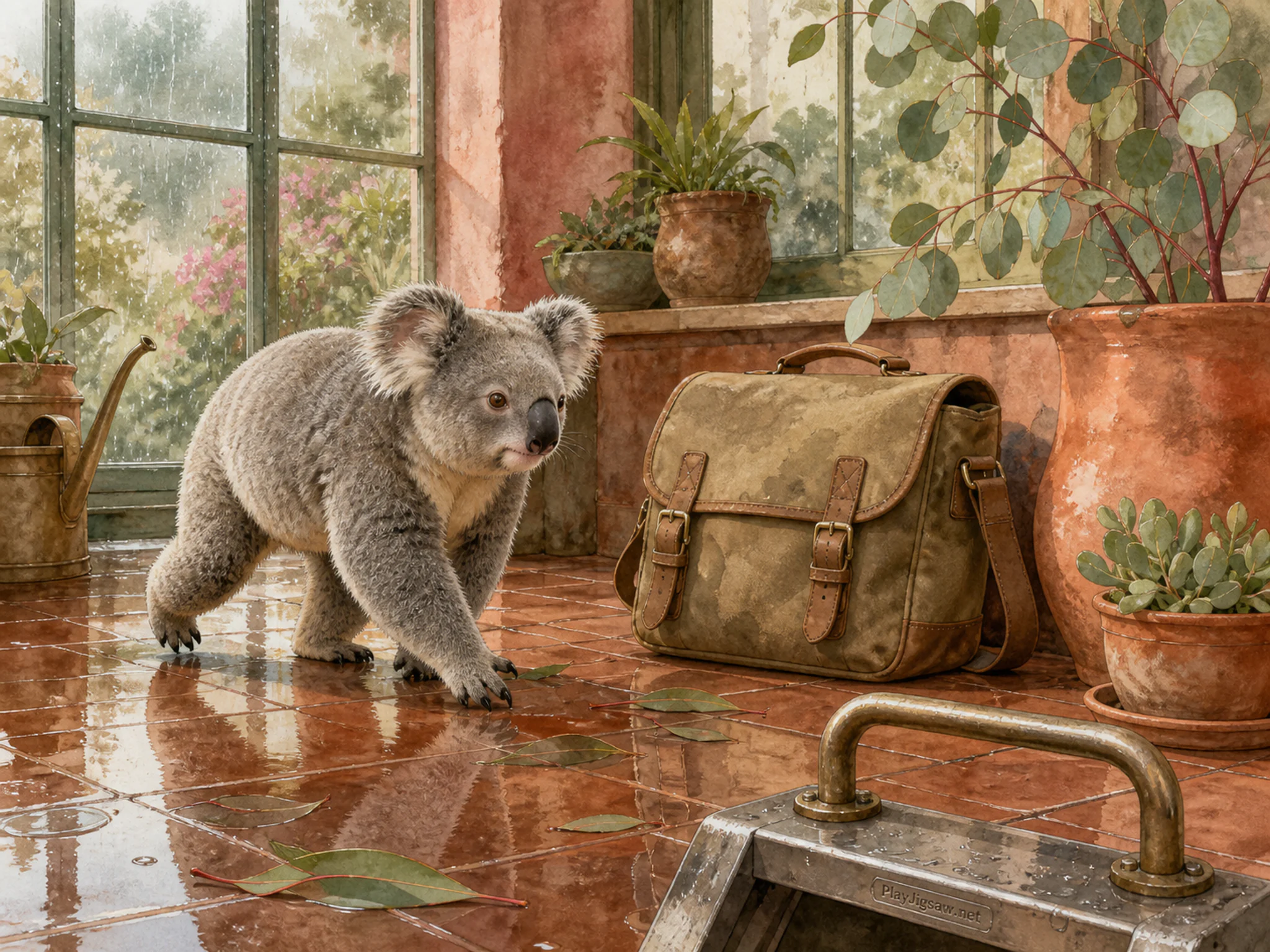 Eucalyptus Koala walking past canvas ranger satchel in a sunlit conservatory corner, with layered scenery and gentle rain with crisp reflections.