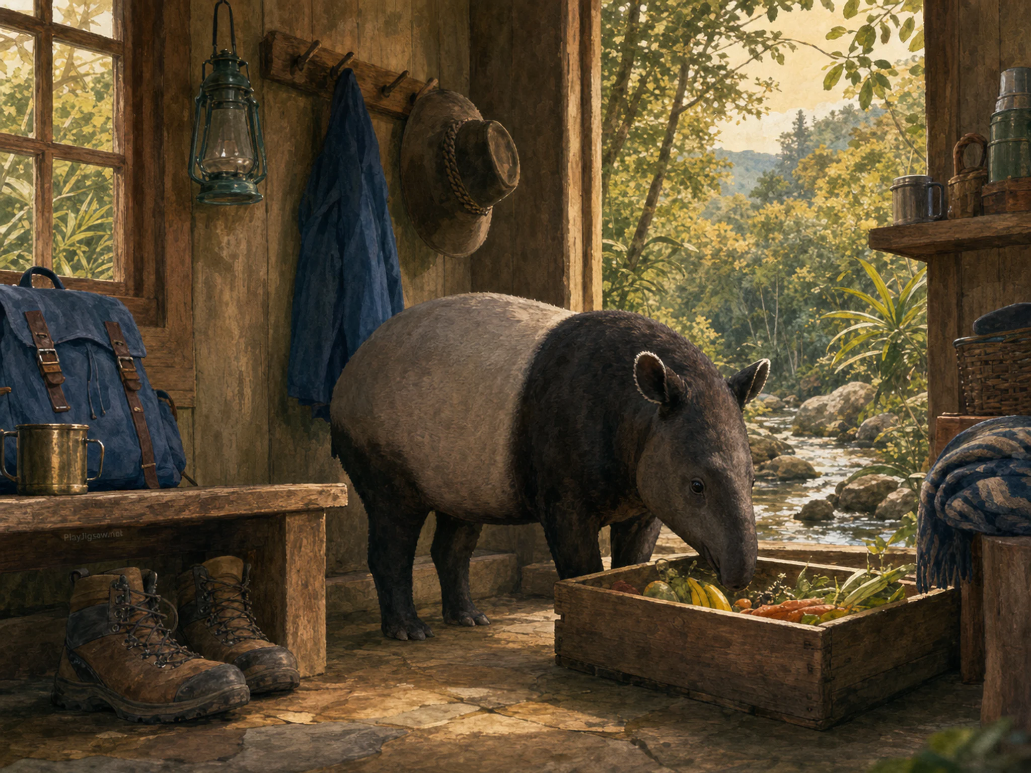 forest tapir appearing naturally beside a wooden feed box in a quiet woodland-creek habitat with a forest tapir and familiar trail gear, with familiar objects and warm late-day.