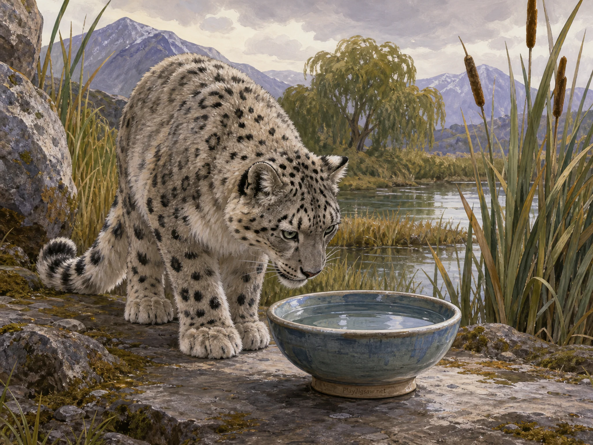 Ridge Snow Leopard curiously inspecting ceramic water bowl in a reed-lined wetland, with layered scenery and soft overcast afternoon.