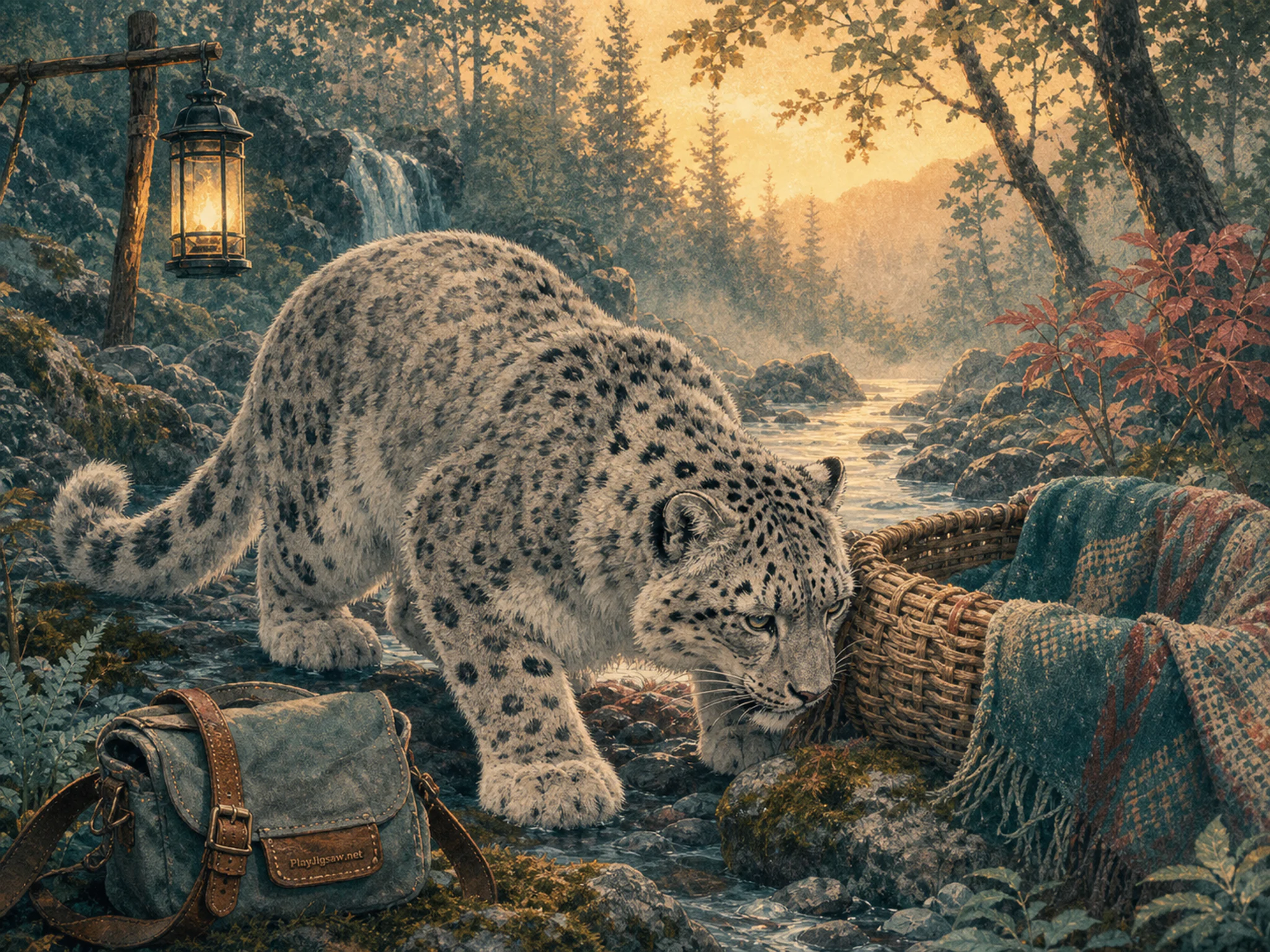 Ridge Snow Leopard foraging around woven resting basket in a misty woodland creek, with layered scenery and golden lamplight at dusk.