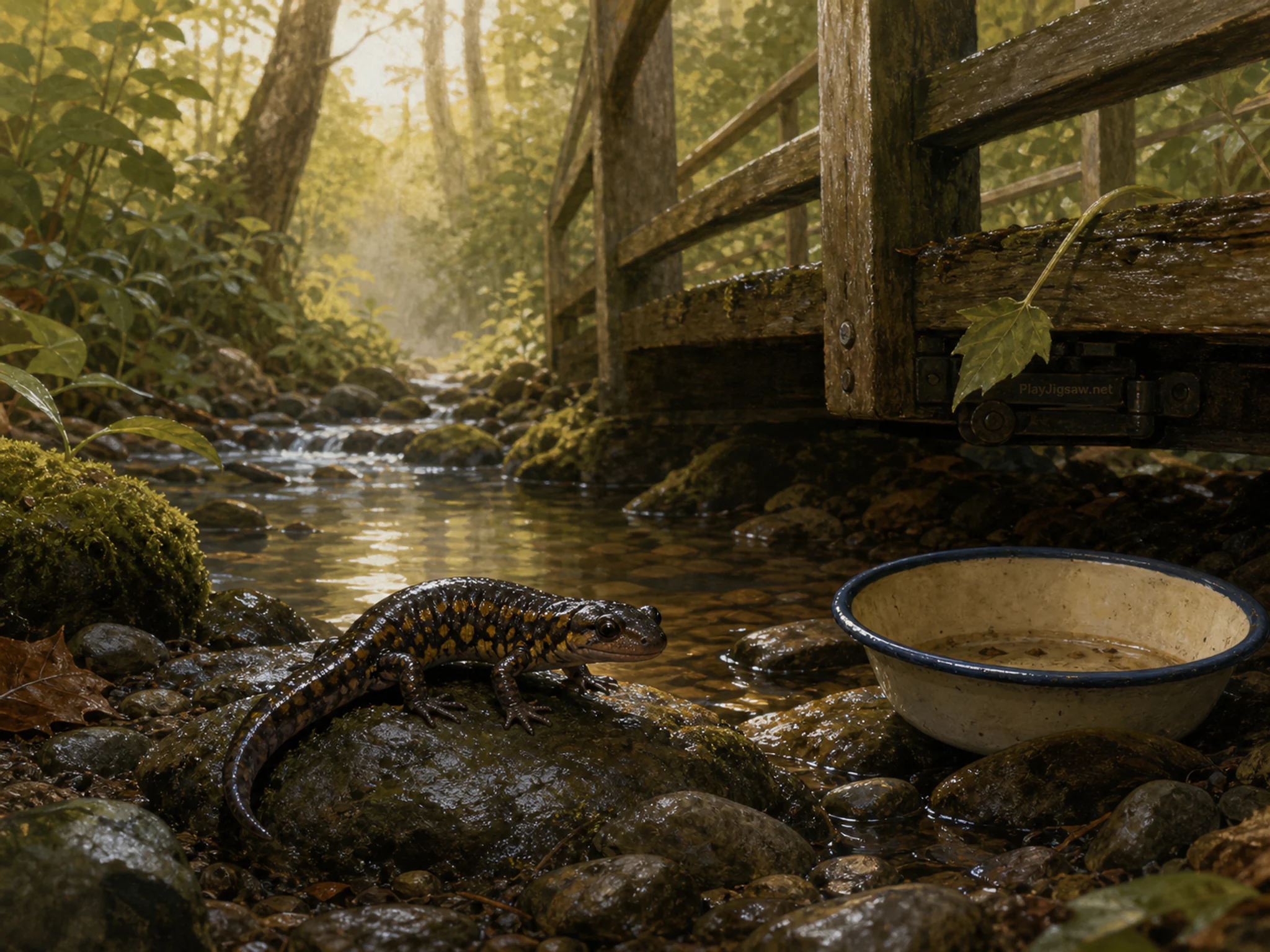 creek salamander appearing naturally beside a small enamel field bowl in a shaded garden creek with a salamander and wet stones, with familiar objects and calm misty dawn.
