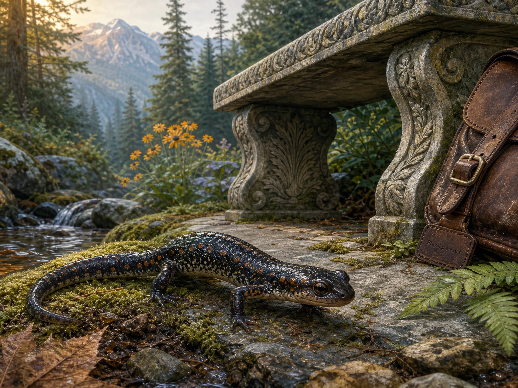 Creek Salamander foraging around carved garden bench in a mountain forest refuge, with layered scenery and clear early morning light.
