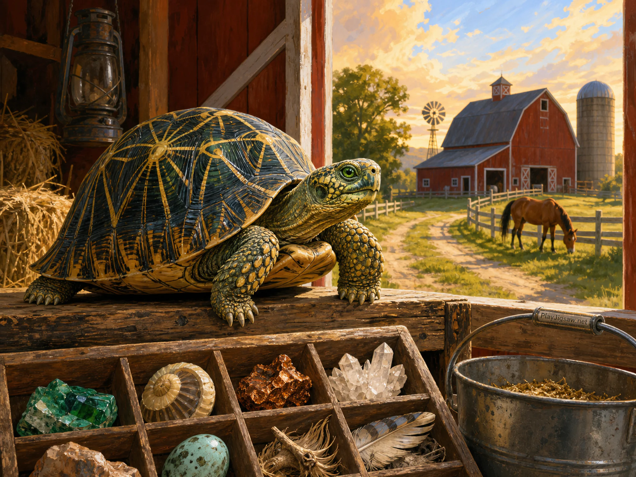 Iris Tortoise perching above wooden specimen tray in a working red barn, with layered scenery and warm late-day sunlight.